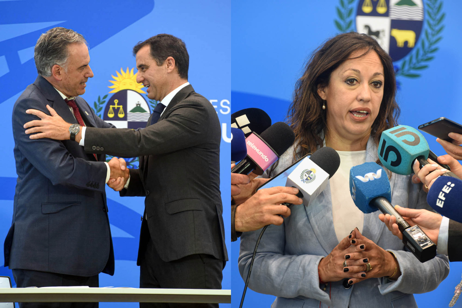 2 fotos: Yamandú Orsi y Arturo Díaz Tejeira, y Fernanda Cardona en rueda de prensa