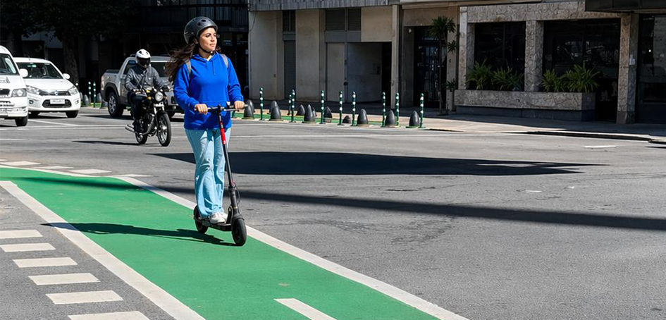 Usuaria de vehículo de movilidad personal Mujer circulando en monopatín.